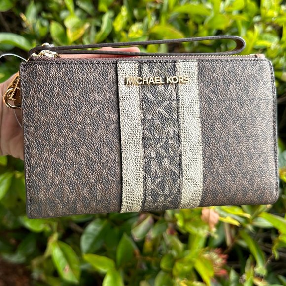 Michael Kors Jet Set Travel Double Zip Wallet Center Stripe MK Gold Brown Multi - Picture 1 of 7